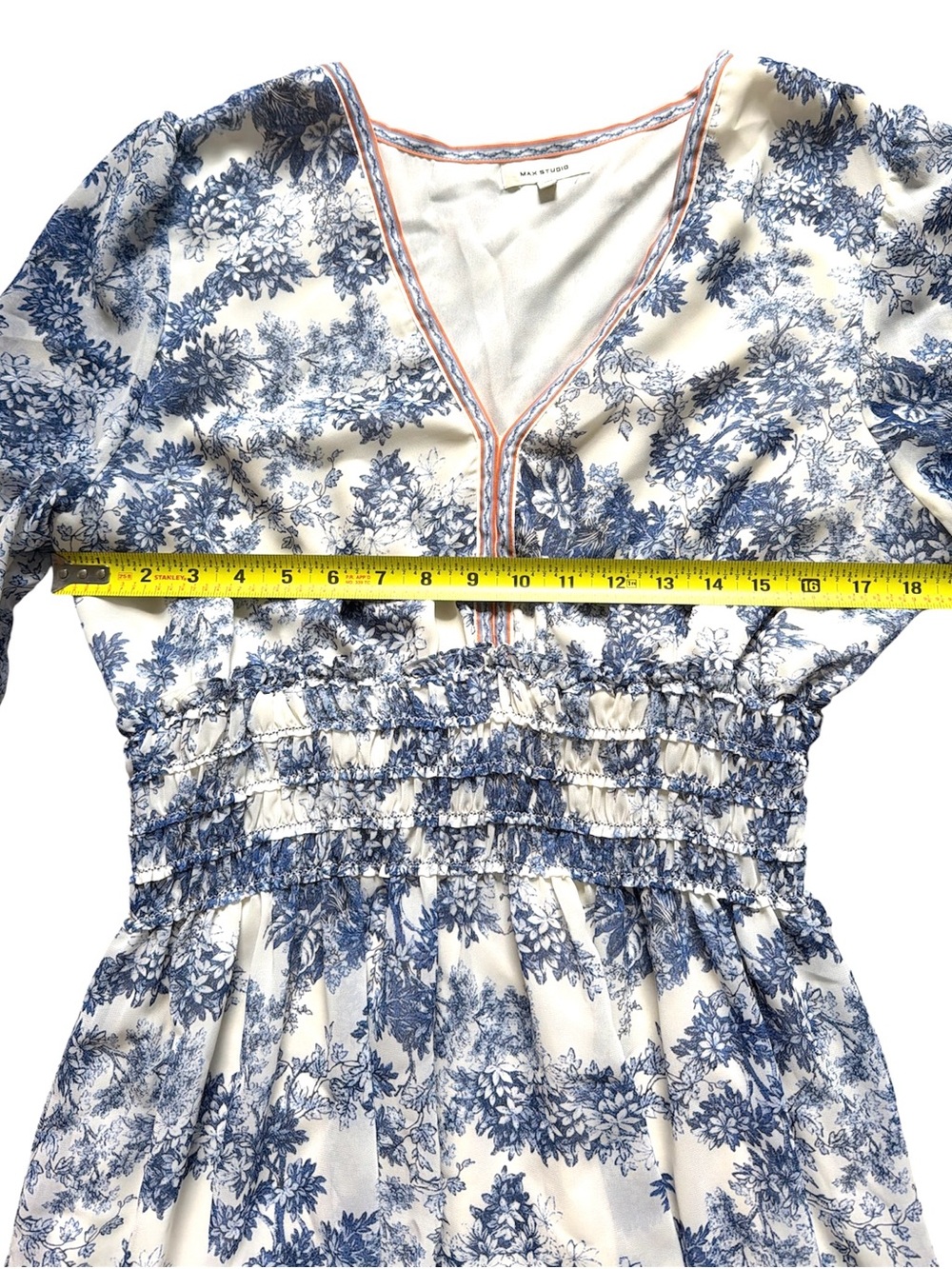 Max Studio Lined Sheer Blue Tiered Ruffle Sheer Balloon Sleeve Dress XL EUC - Picture 3 of 8